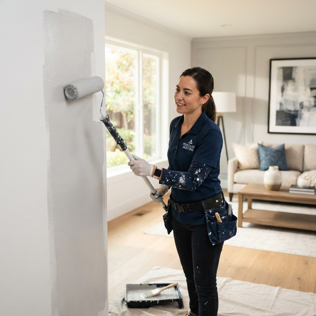 A professional painter rolling fresh paint onto a bright living room wall